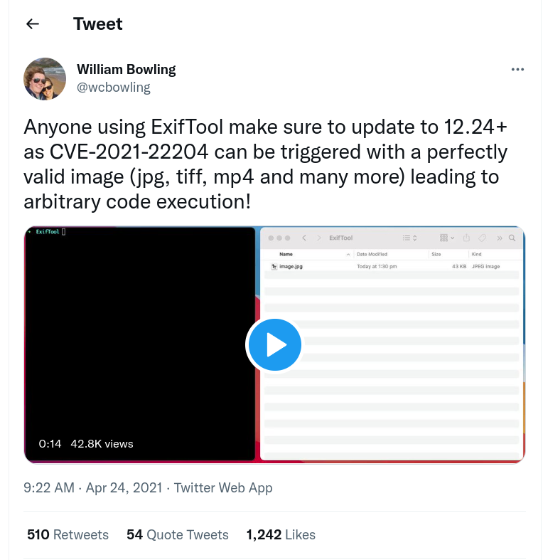 William Bowling’s warning about CVE-2021-22204 in ExifTool.